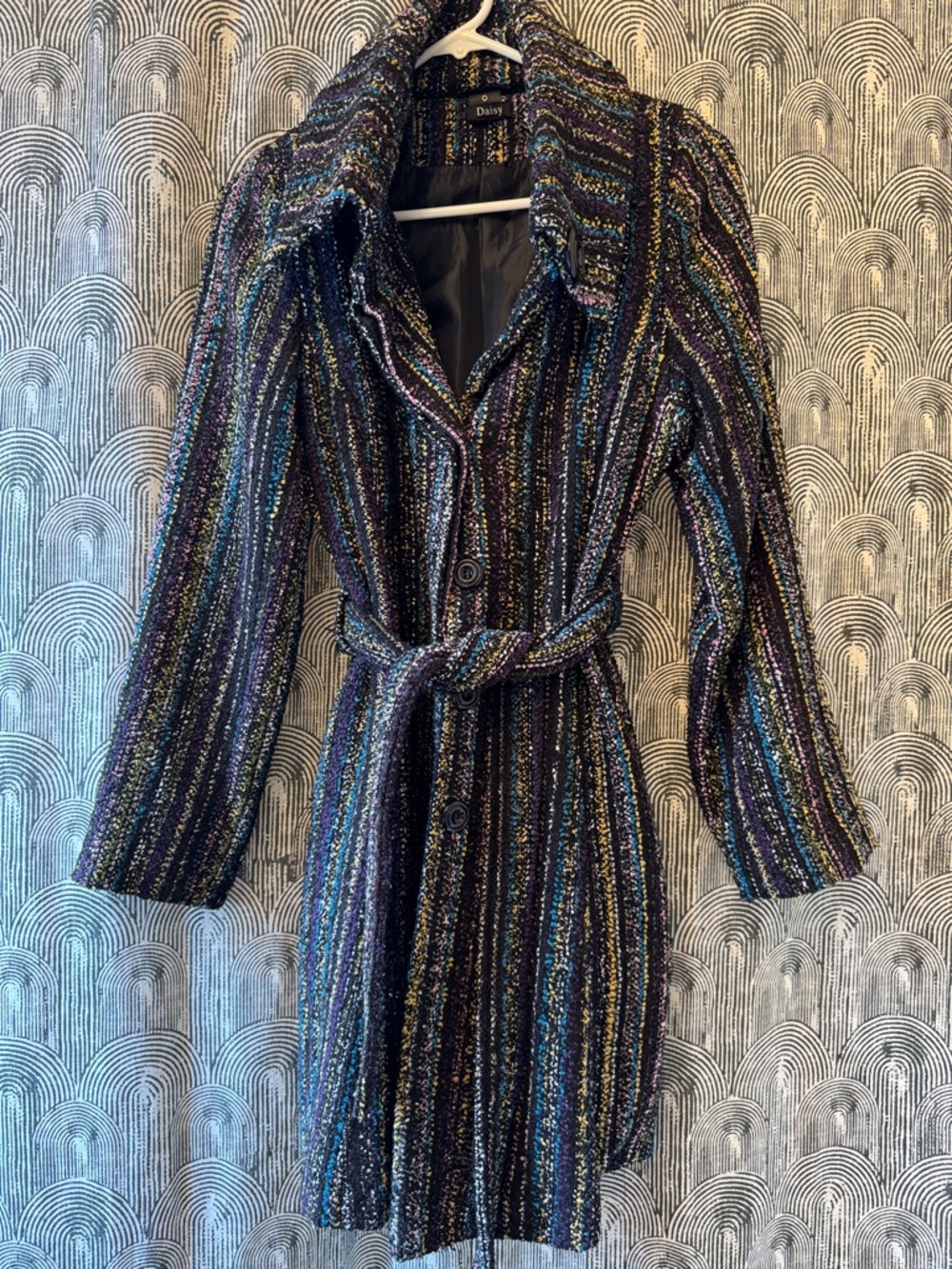 Daisy Black Multi-Color Metallic-Stripe Belted Knit Coat